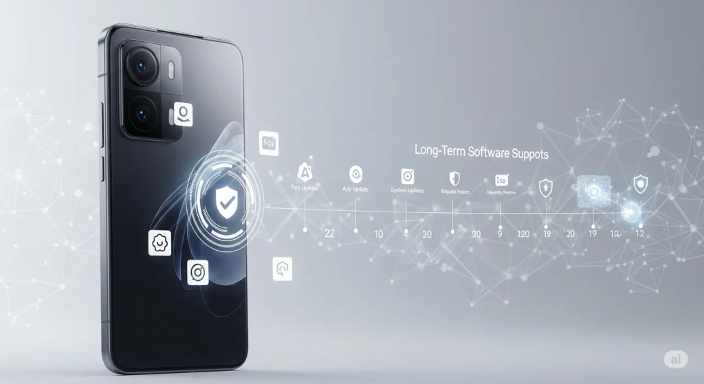 Smartphone Xiaomi 15 com interface digital exibindo ícones de atualização e linha do tempo de suporte.