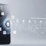 Smartphone Xiaomi 15 com interface digital exibindo ícones de atualização e linha do tempo de suporte.