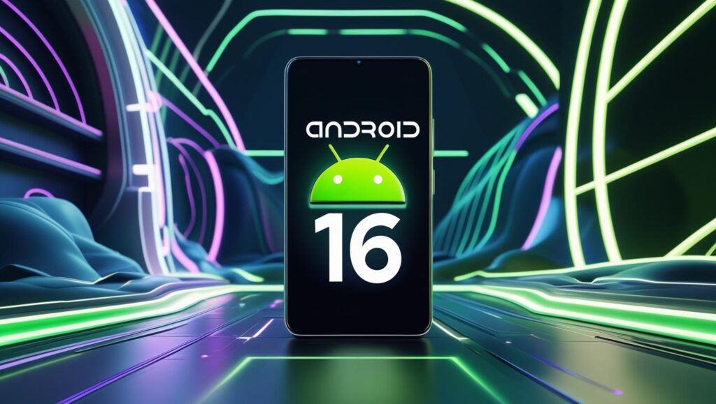 smartphone com o logo do android 16 na tela. Imagem destacada de post