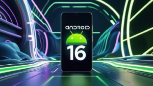 smartphone com o logo do android 16 na tela. Imagem destacada de post
