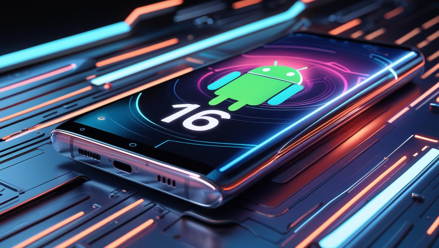 Imagem de um telefone deitado com o simbolo do android e um 16 na tela